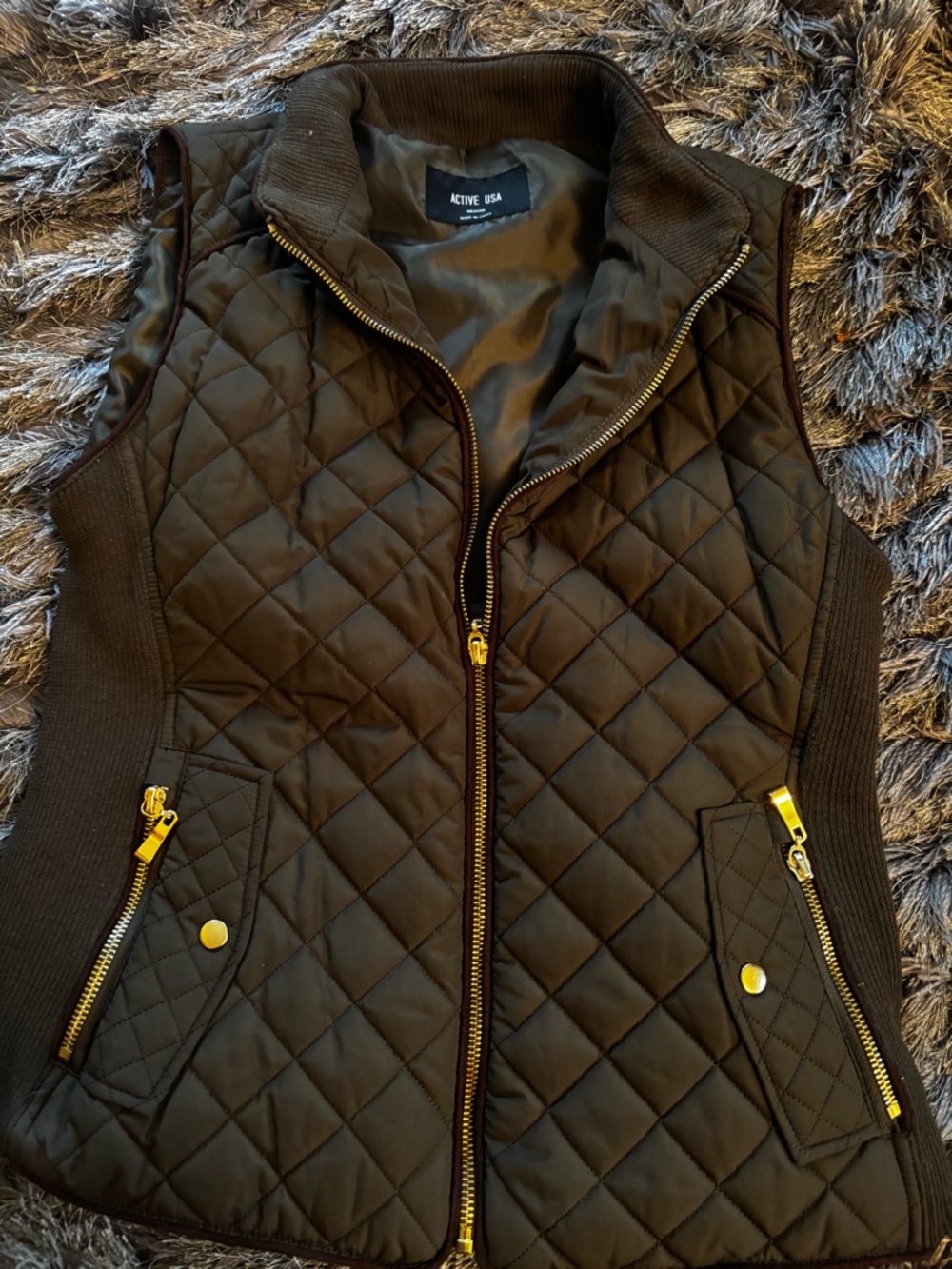 Active USA Black Quilted Vest with Gold Hardware